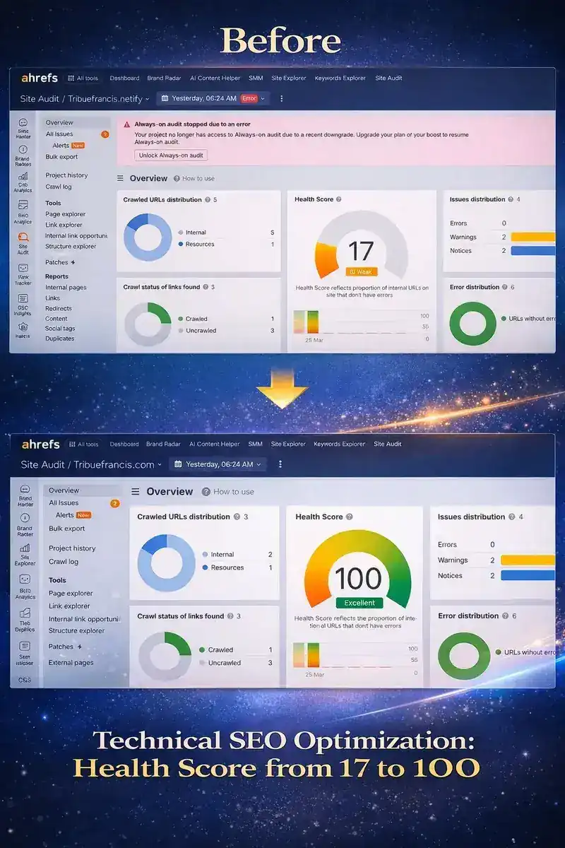 Technical SEO optimization from health score 17 to 100
